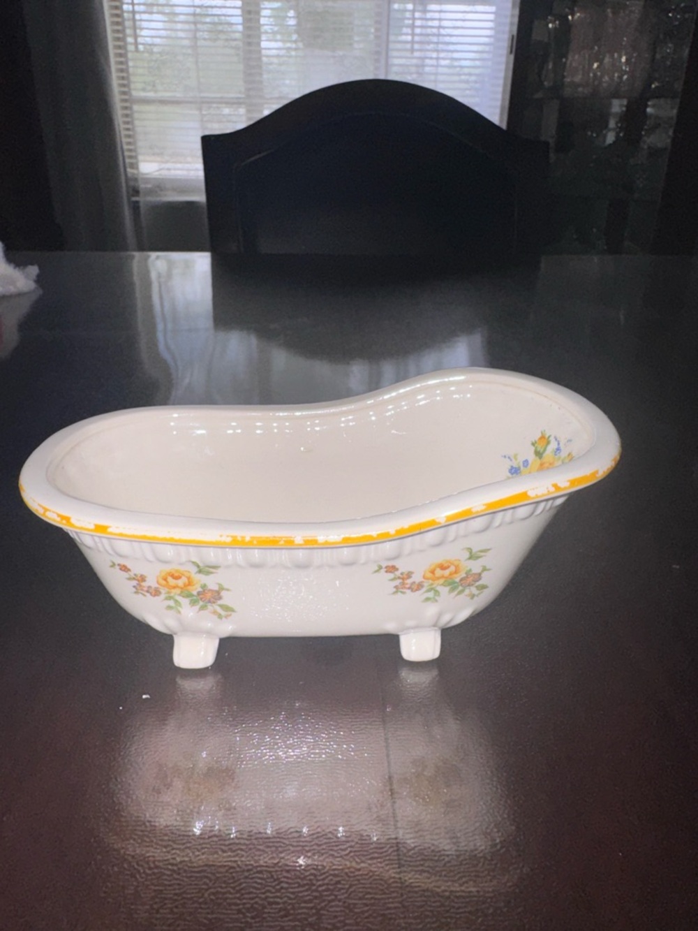 Ceramic Mini Bathtub Soap Dish with Yellow Floral Trim